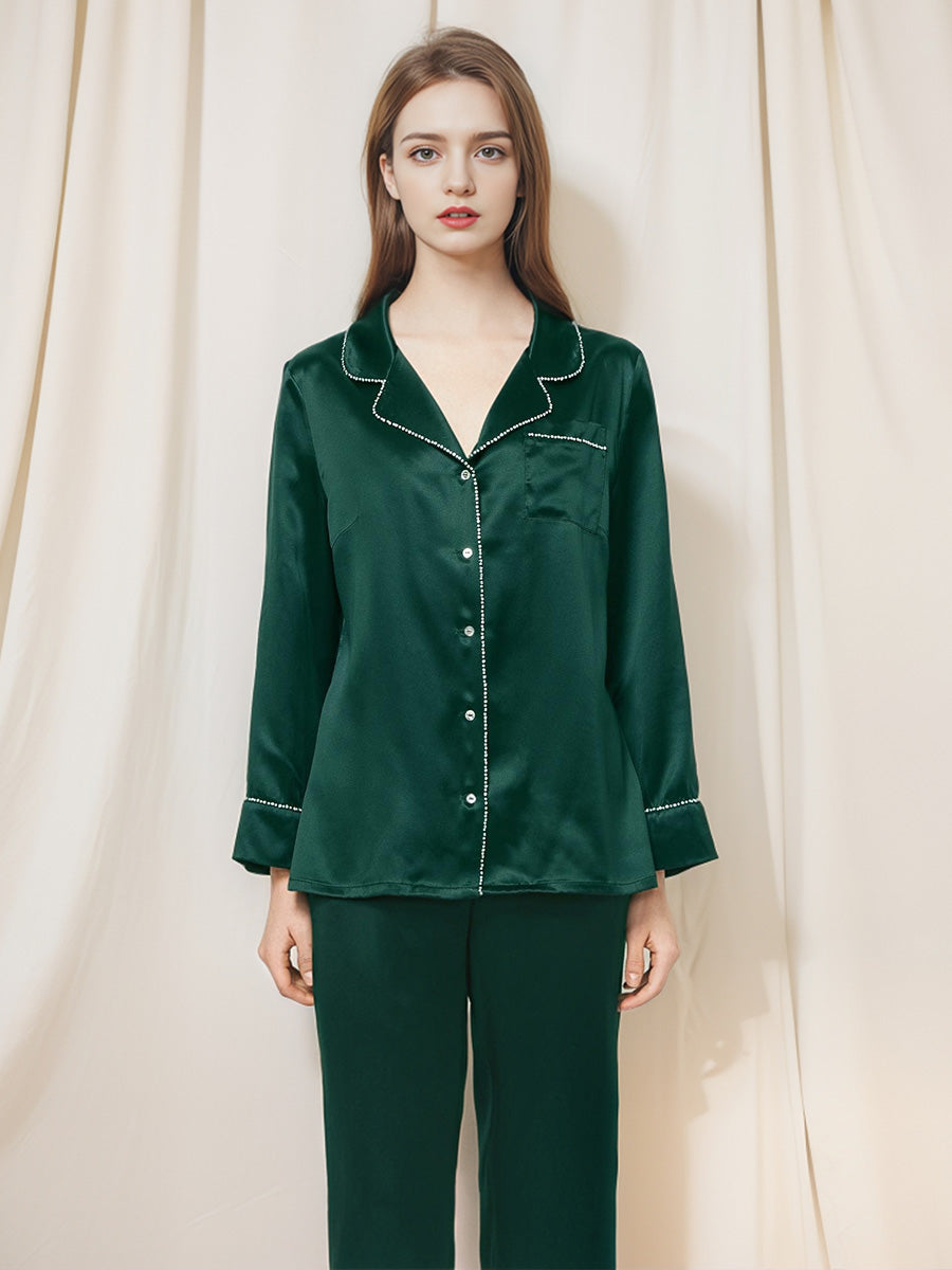 100% Mulberry Silk Rhinestone Trim Notched Collar Pajama Set