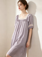 100% Mulberry Silk Lace Square Neck Short Sleeve Midi Nightgown