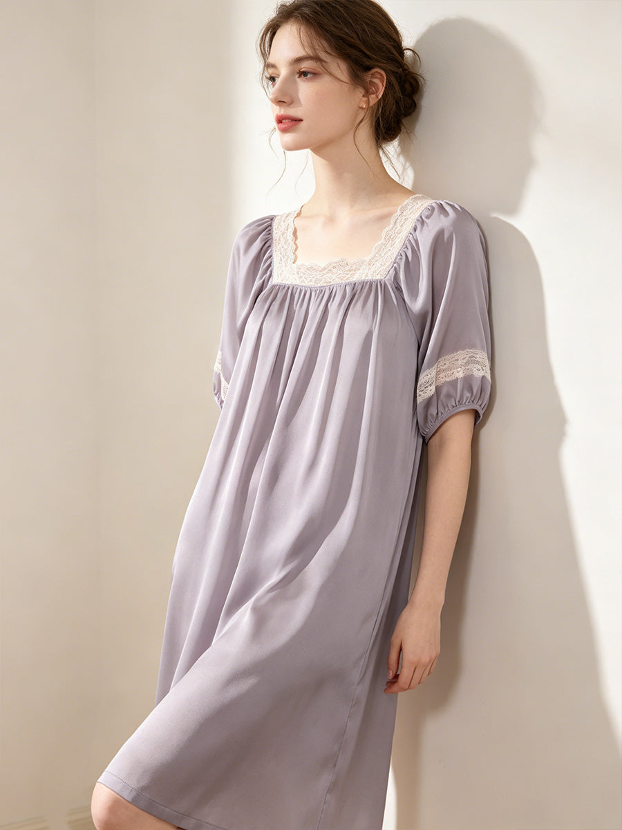 100% Mulberry Silk Lace Square Neck Short Sleeve Midi Nightgown