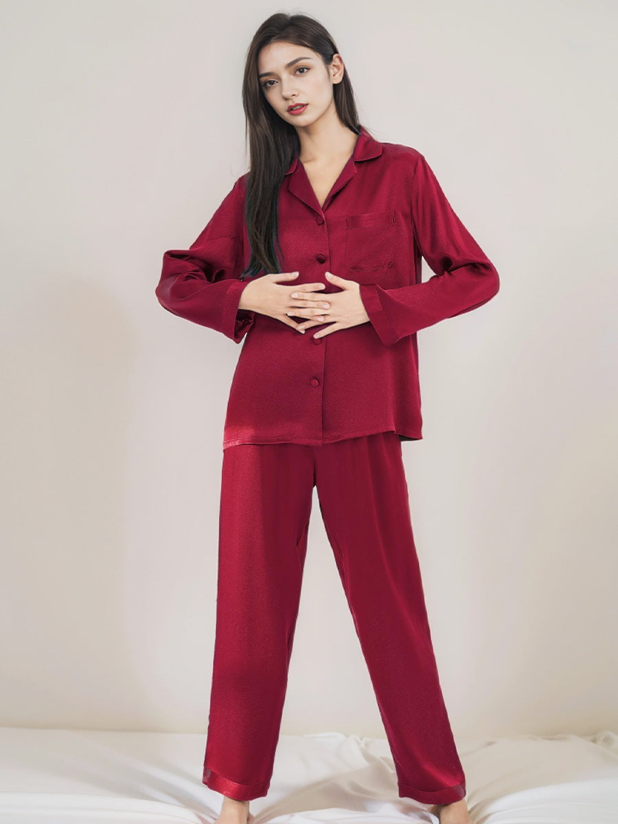 Classic Button Front Top & Long Pants Silk Sleepwear Set