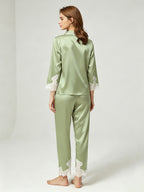 100% Mulberry Silk Lace Trim 3/4 Sleeve Pajama Set