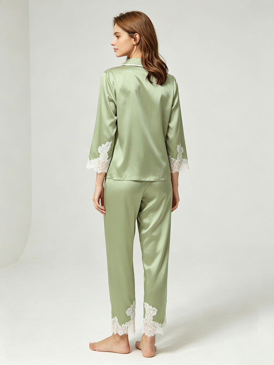 100% Mulberry Silk Lace Trim 3/4 Sleeve Pajama Set