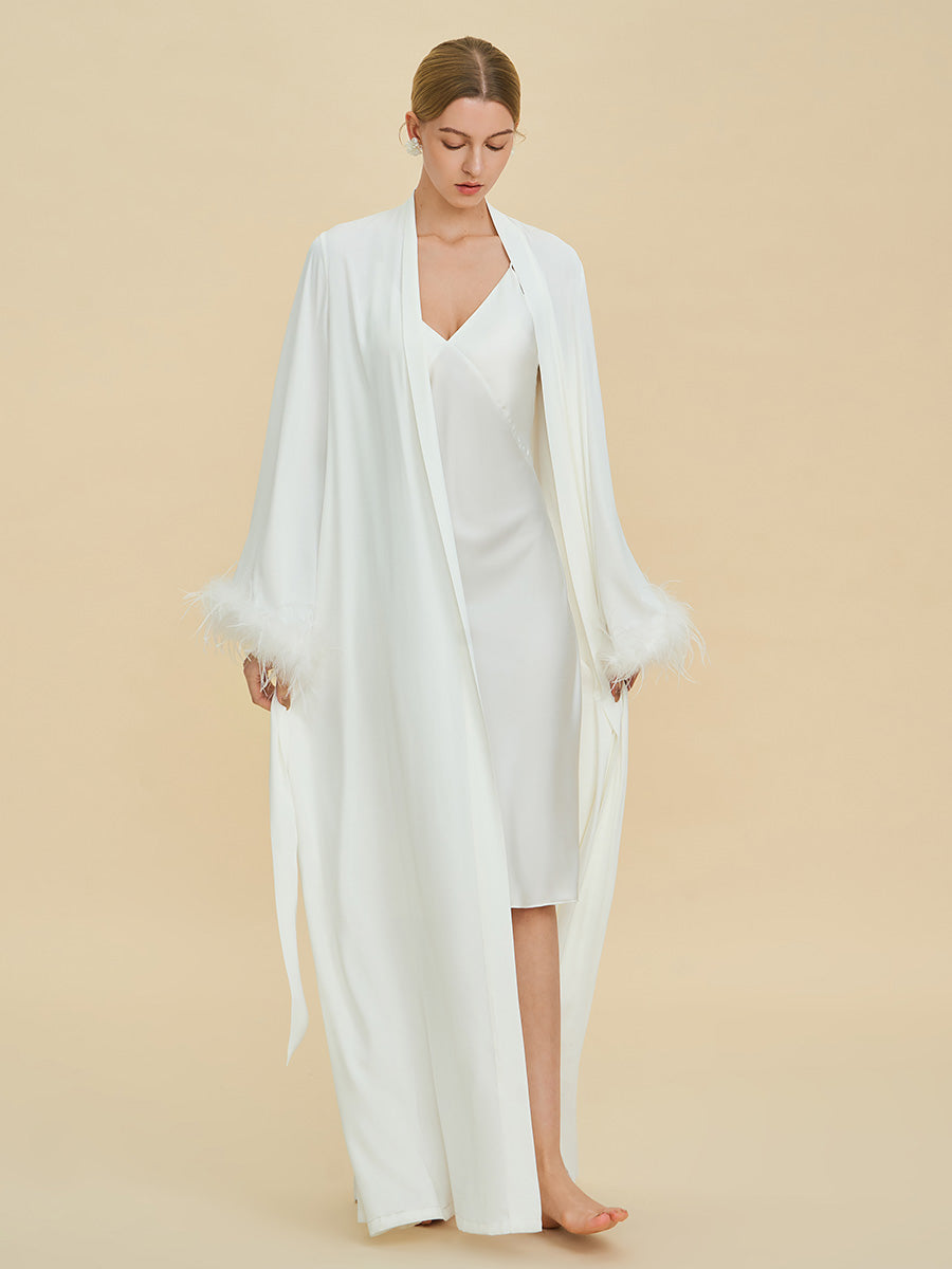 White Satin Maxi Robe with Feather Cuffs