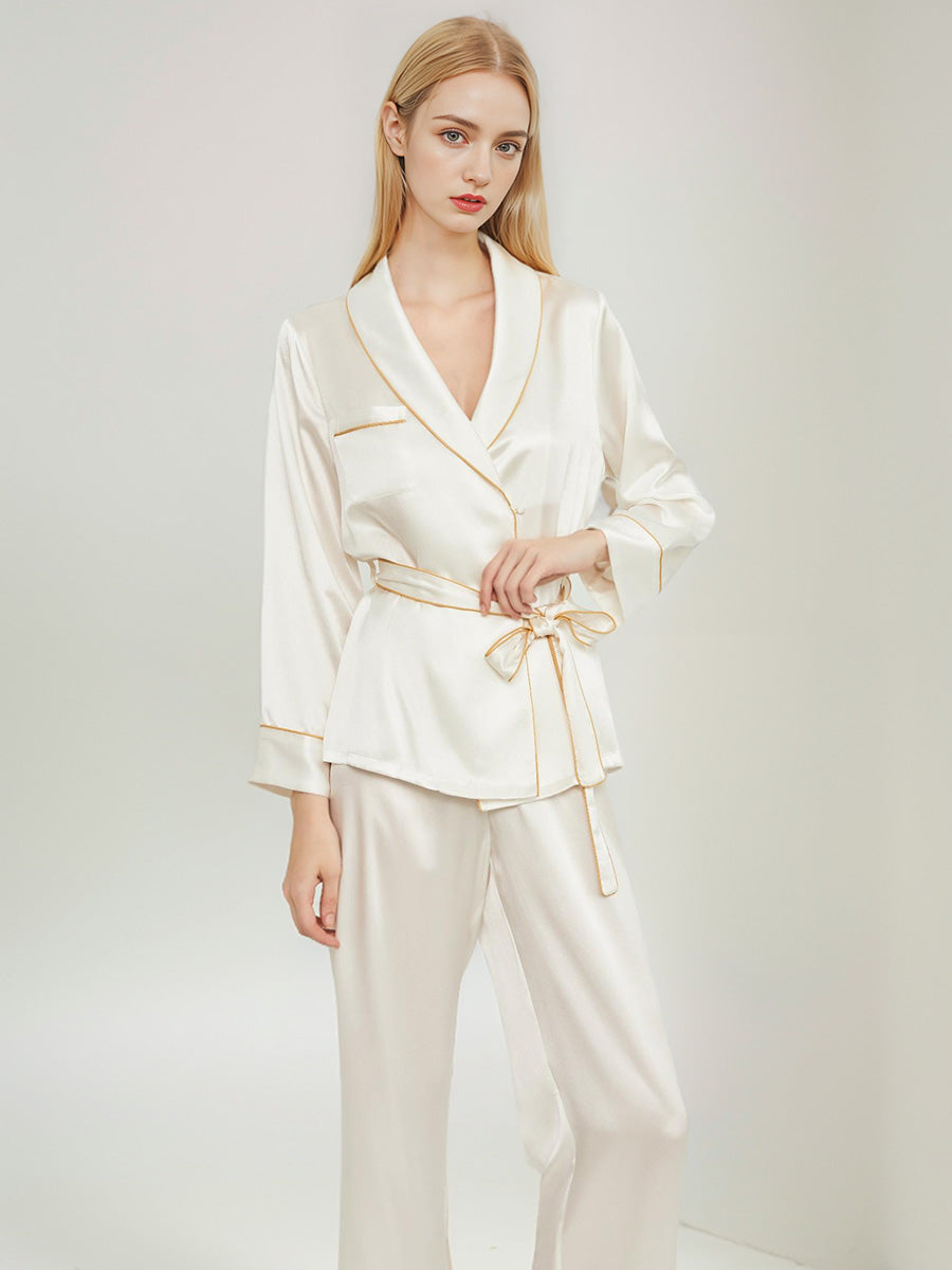 100% Mulberry Silk Wrap Belted Pajama Set Contrast Piping Trim