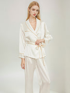 100% Mulberry Silk Wrap Belted Pajama Set Contrast Piping Trim