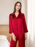100% Mulberry Silk Hollow Lace Panel 3/4 Sleeve Pajama Set