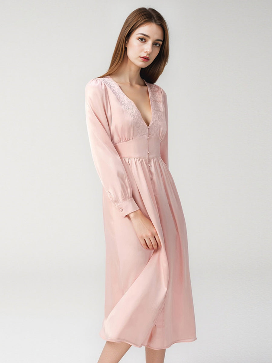 Elegant Lace Trim V-Neck 100% Mulberry Silk Full Length Nightdress