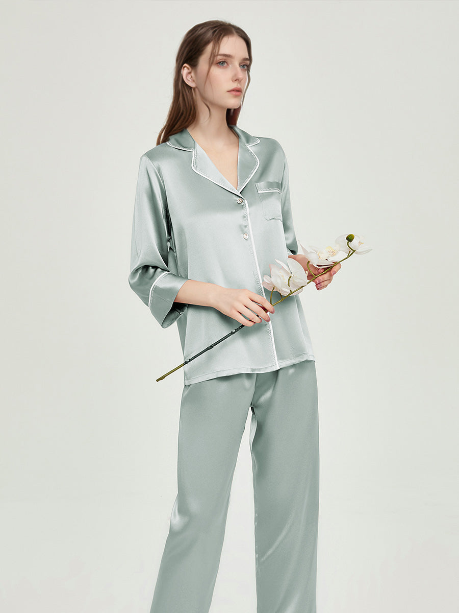 100% Mulberry Silk Contrast Piping 3/4 Sleeve Pajama Set