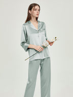100% Mulberry Silk Contrast Piping 3/4 Sleeve Pajama Set