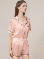 Notched Collar Button Down Top & Shorts Silk Sleepwear Set