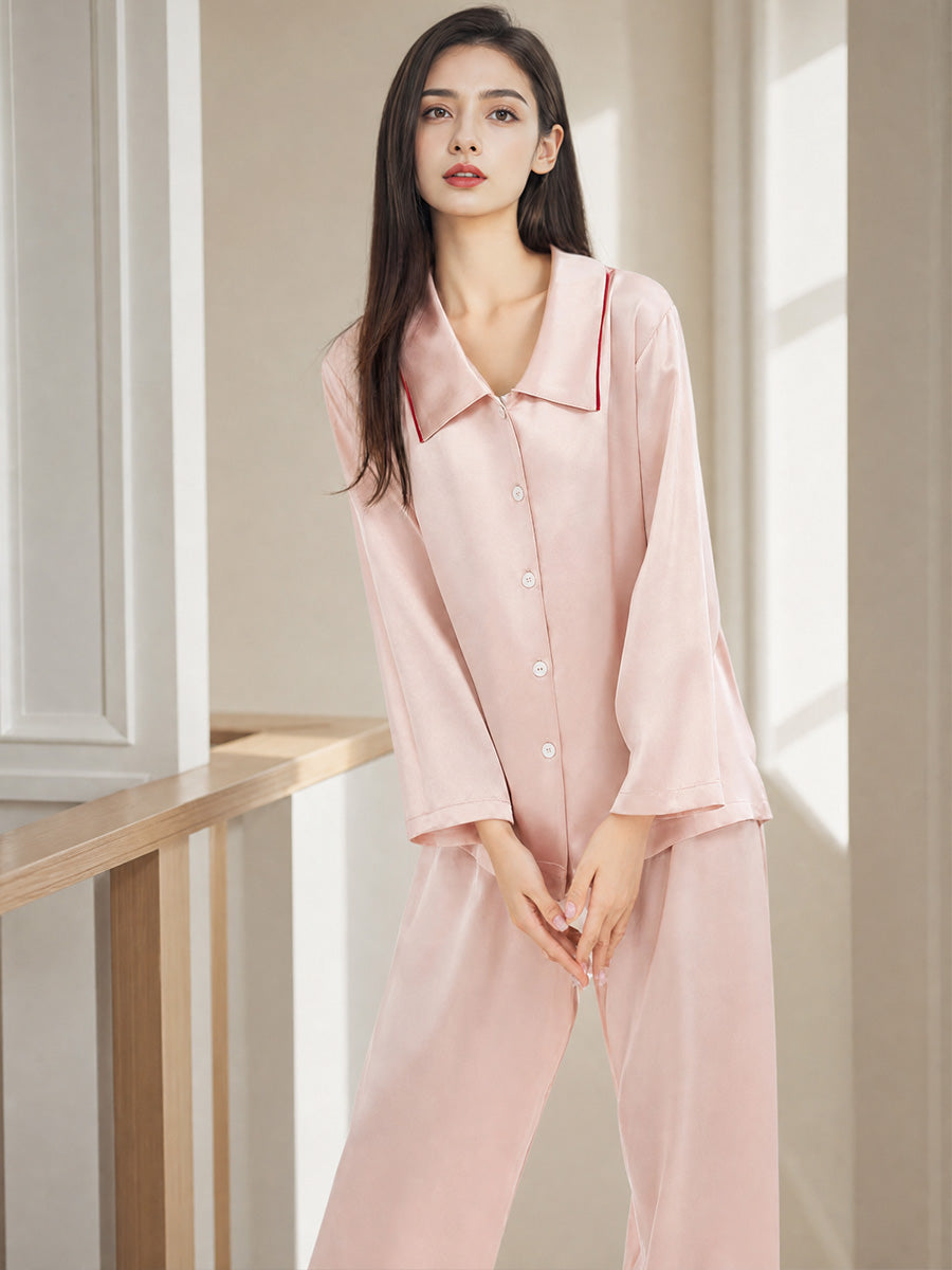 Contrast Trim Notched Collar Long Sleeve Pajama Set