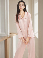 Contrast Trim Notched Collar Long Sleeve Pajama Set