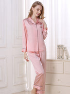 Long Sleeve Mulberry Silk Pajama Set with Contrast Piping