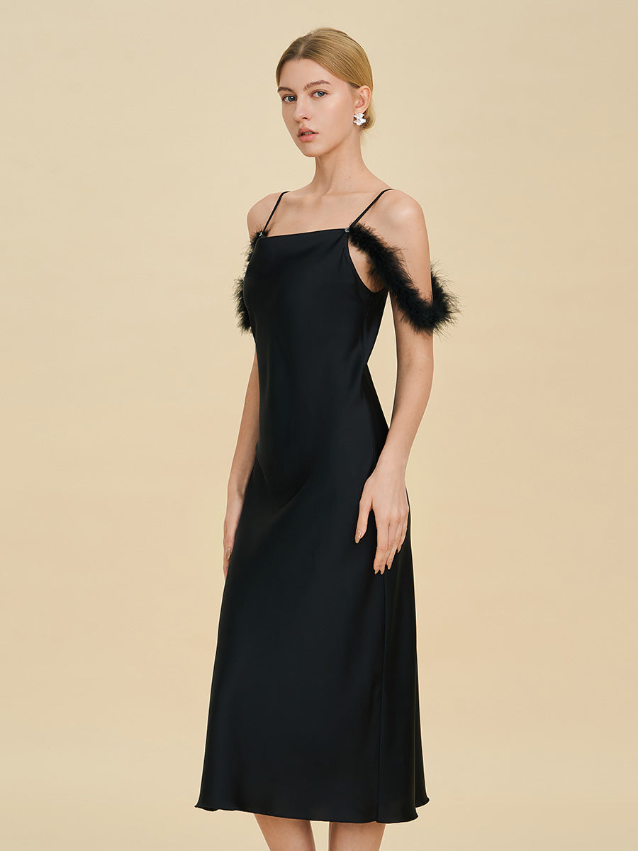 Black Satin Midi Slip Dress with Feather Trim