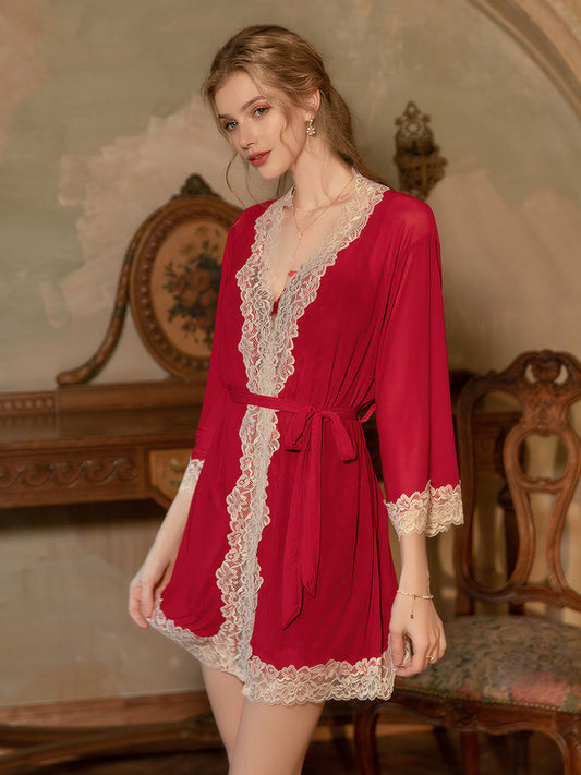 Red Sequin Lace Nightgown Robe Set