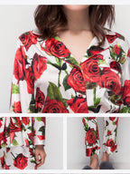 100% Mulberry Silk Red Rose Print Belted Pajama Set
