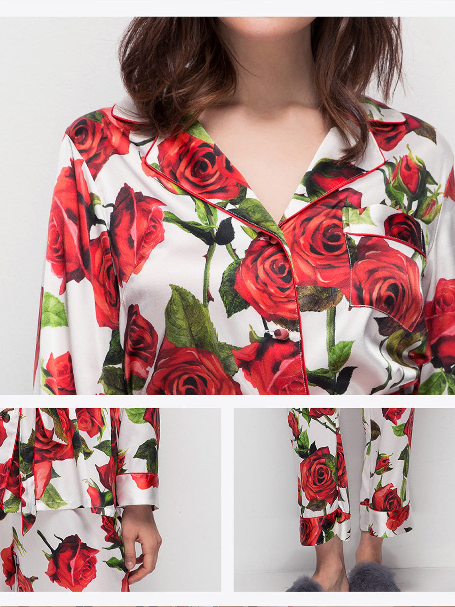 100% Mulberry Silk Red Rose Print Belted Pajama Set