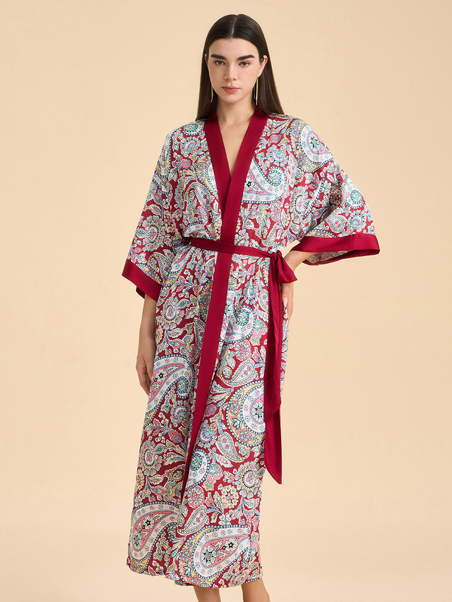 Paisley Print Satin Kimono Robe