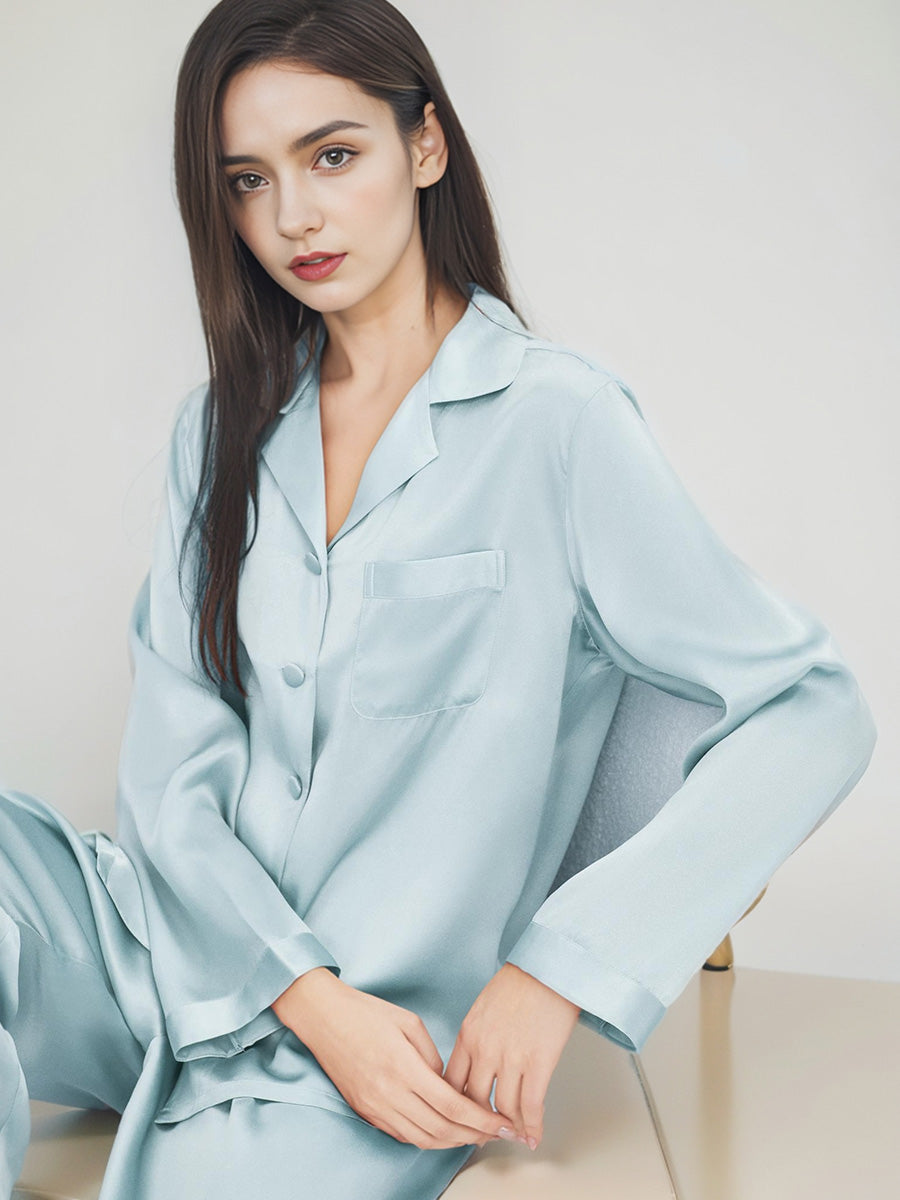 Classic Button Front Top & Long Pants Silk Sleepwear Set