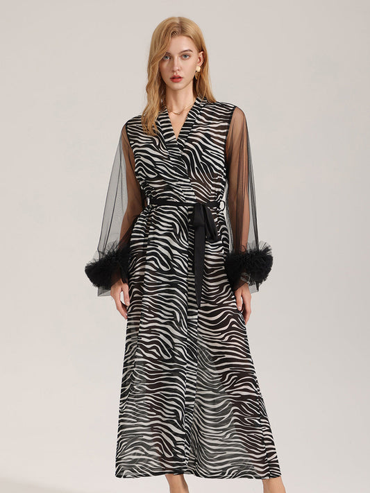 Zebra Print Satin Robe with Tulle Cuffs