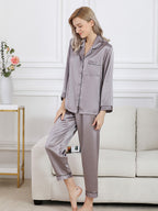 Long Sleeve Mulberry Silk Pajama Set with Contrast Piping