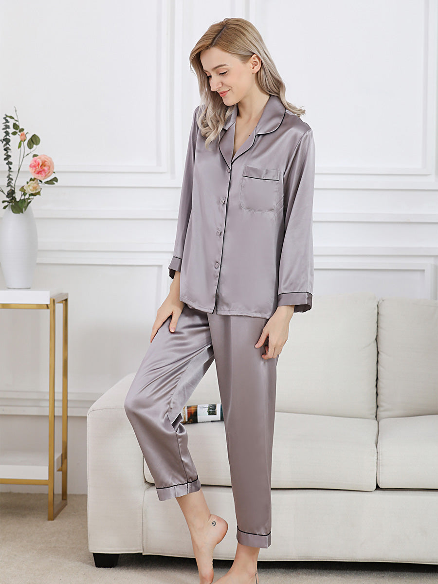 Long Sleeve Mulberry Silk Pajama Set with Contrast Piping