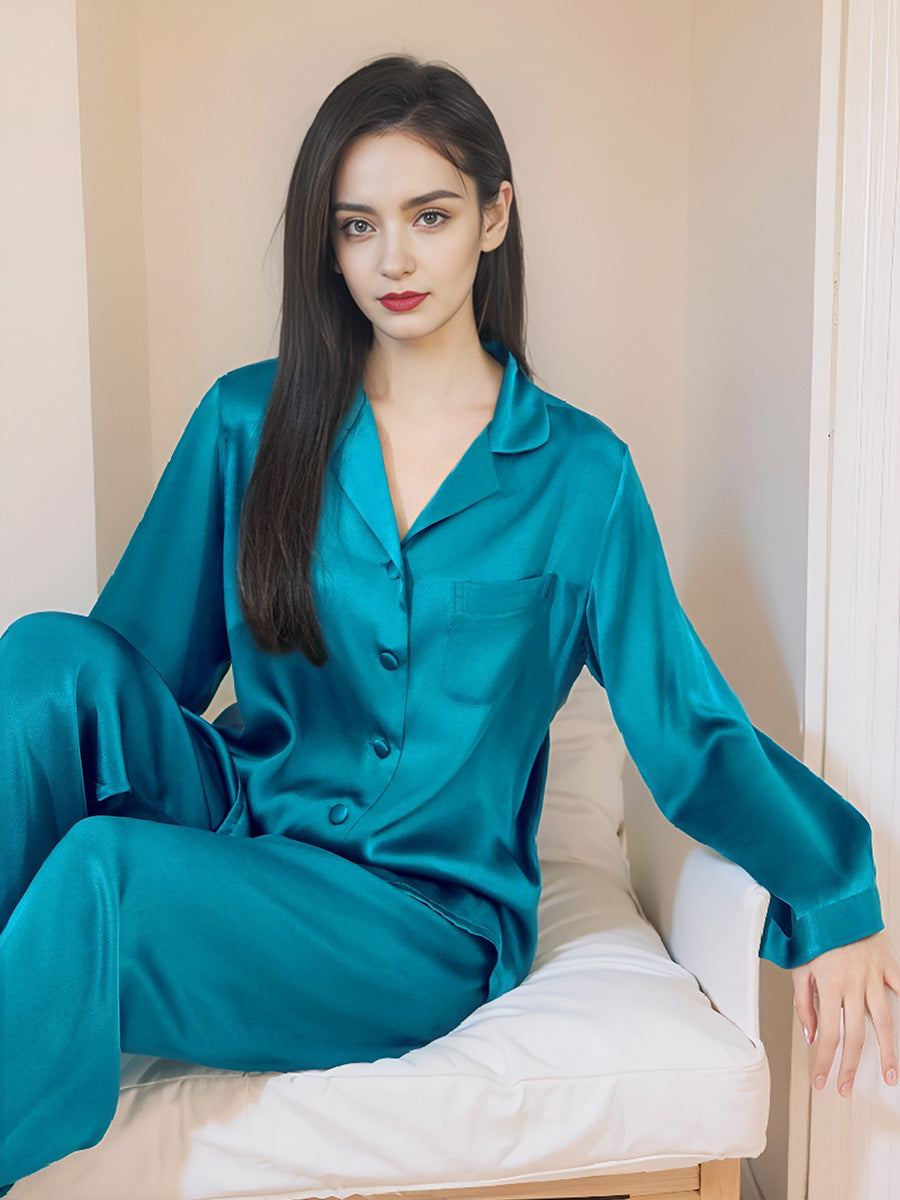 Classic Button Front Top & Long Pants Silk Sleepwear Set