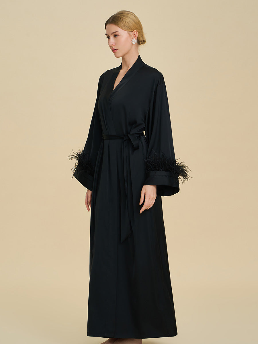 Black Satin Maxi Robe with Feather Cuffs