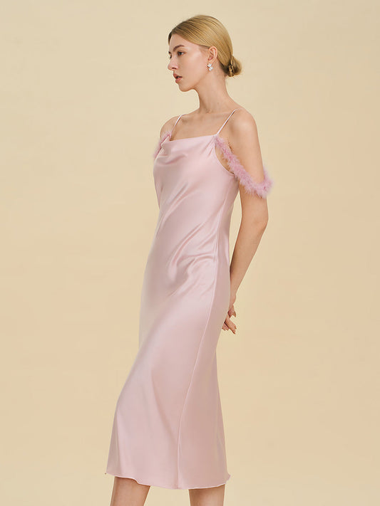 Blush Pink Satin Midi Slip Dress with Feather Trim