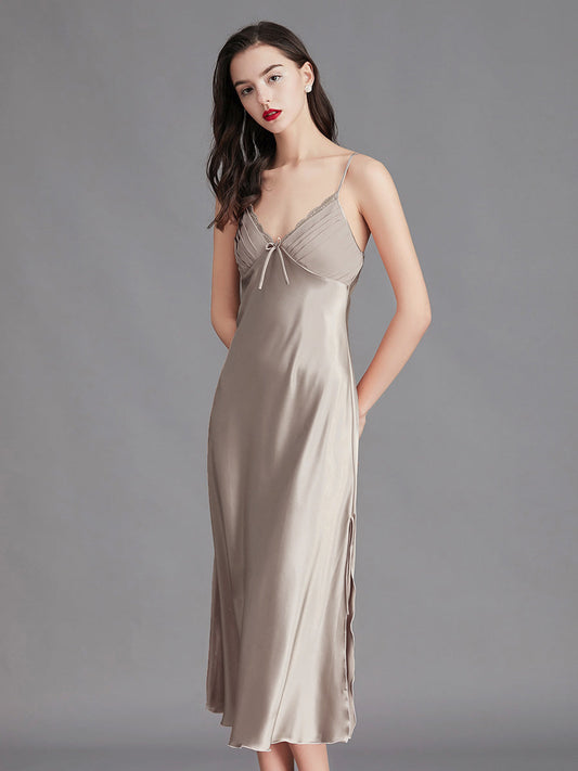 Light Grey Silky Lace Trim Slip Dress