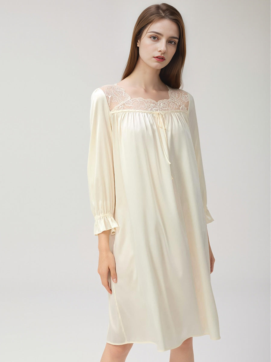 Ruffle Cuff 3/4 Sleeve 100% Pure Silk Elegant Sleep Dress