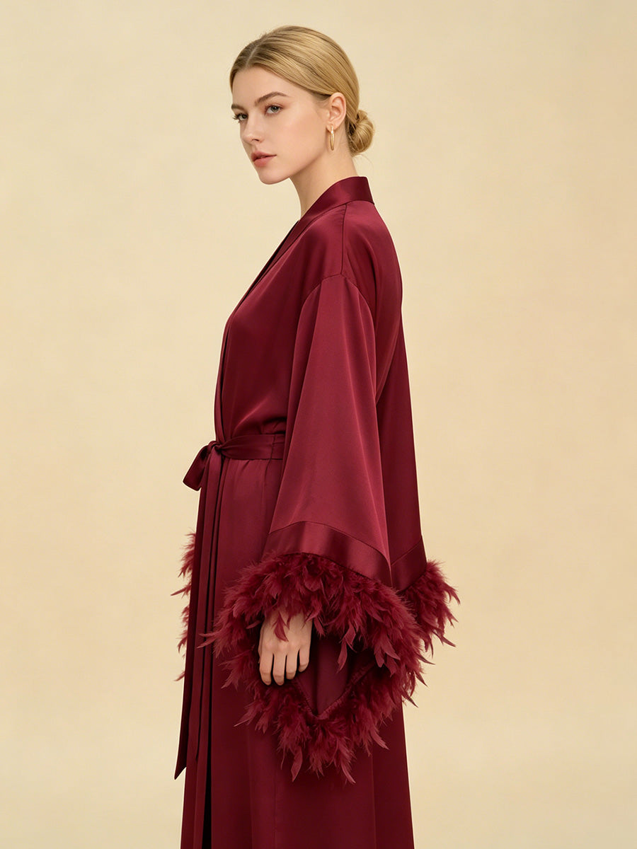 Burgundy Satin Maxi Robe with Oversized Feather Cuffs