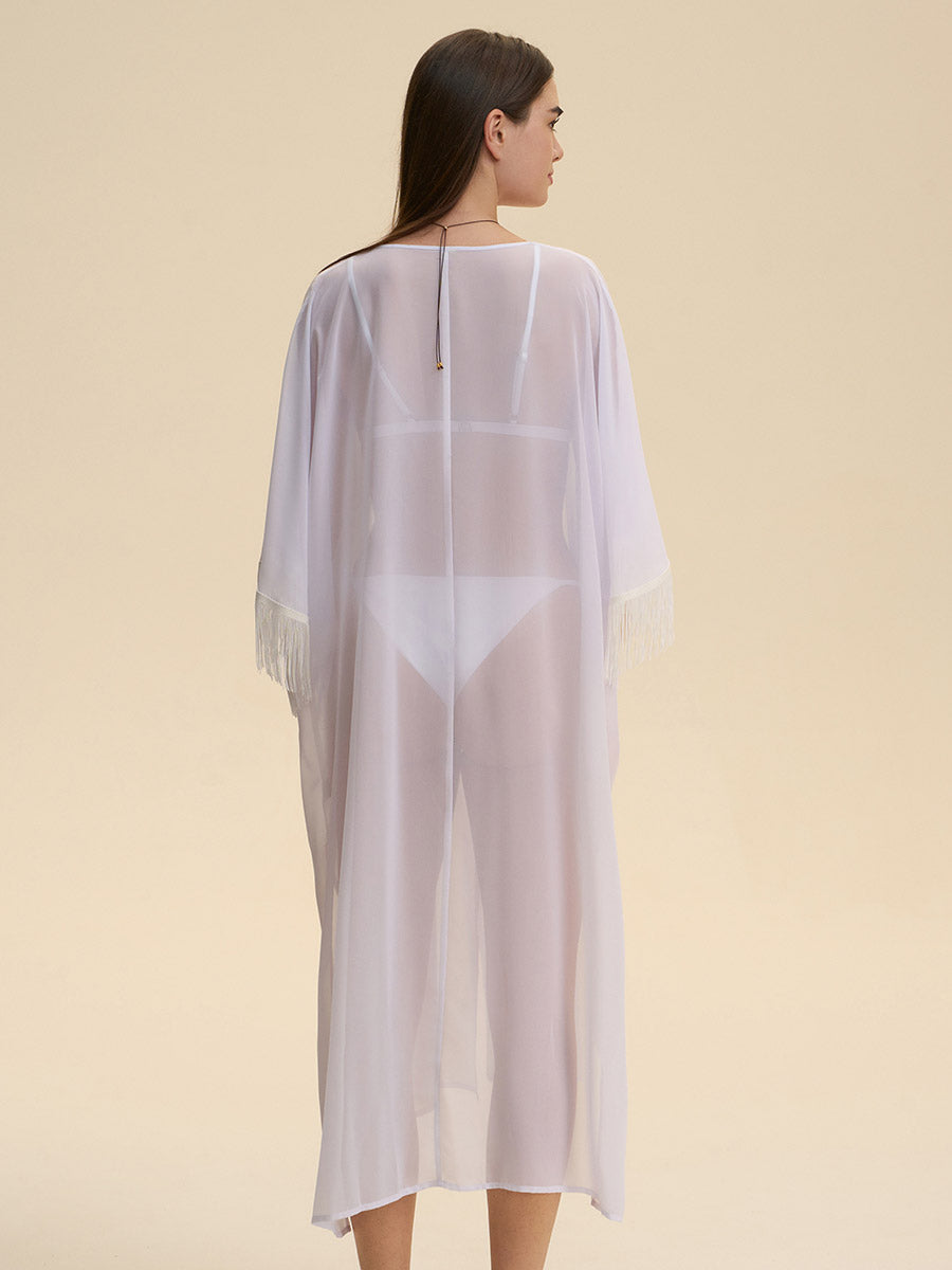Fringe Trim Sheer Cover-Up Robe