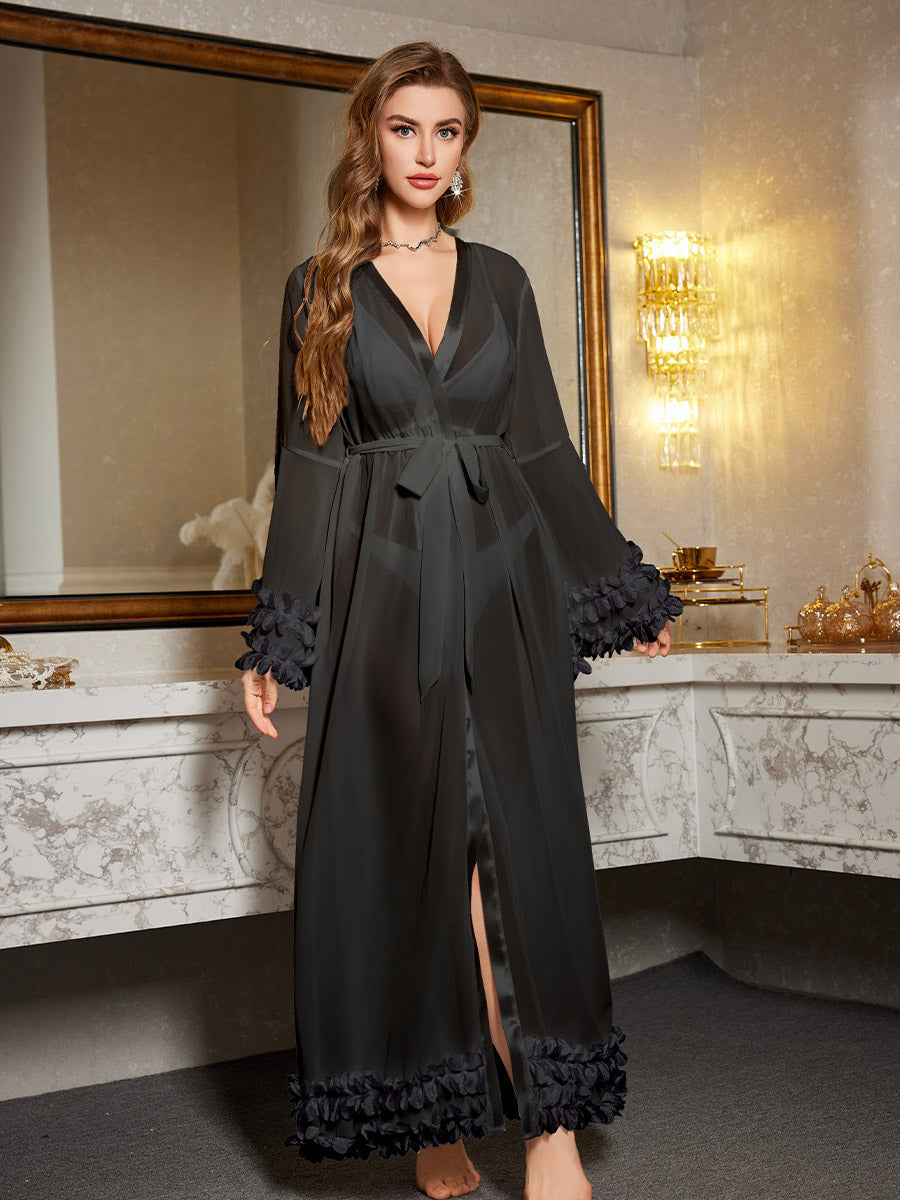 Sheer Ruffle Trim Robe with Bell Sleeves