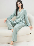 100% Mulberry Silk Belted Notched Collar Long Sleeve Pajama Set
