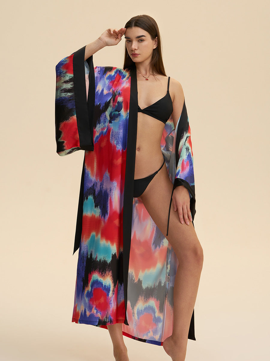 Printed Satin Kimono Robe