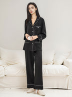 100% Mulberry Silk Contrast Piping Letter Embroidery Long Sleeve Pajama Set