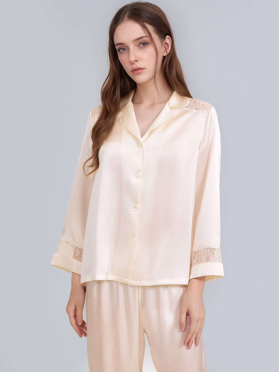 100% Mulberry Silk Hollow Lace Panel 3/4 Sleeve Pajama Set