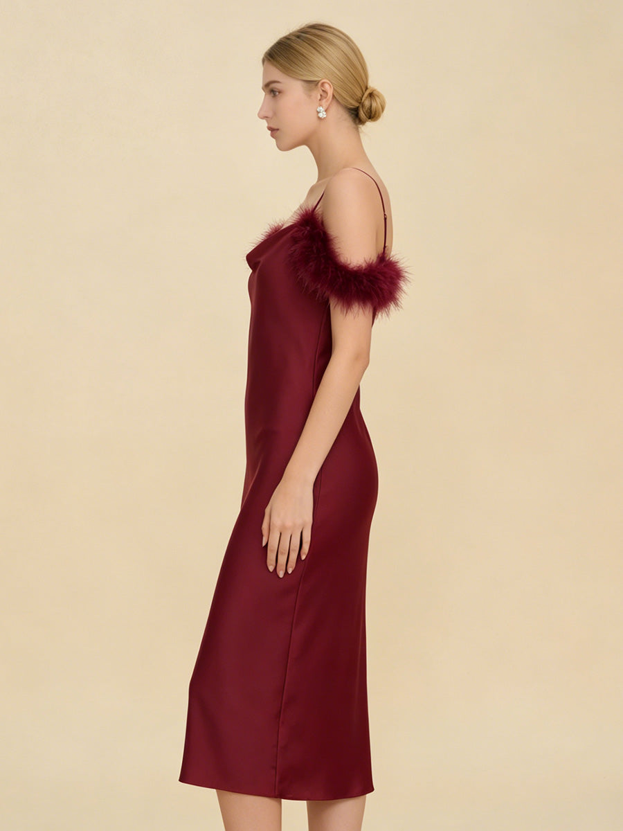 Burgundy Satin Midi Slip Dress with Feather Trim