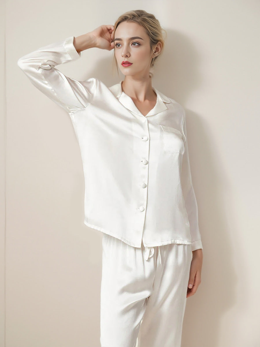 Classic Button Front Top & Long Pants Silk Sleepwear Set