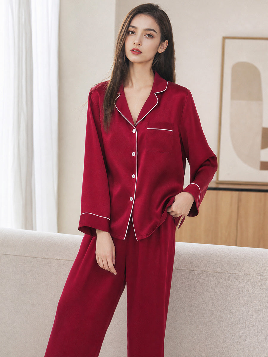 Contrast Piping Notched Collar Long Sleeve Pajama Set
