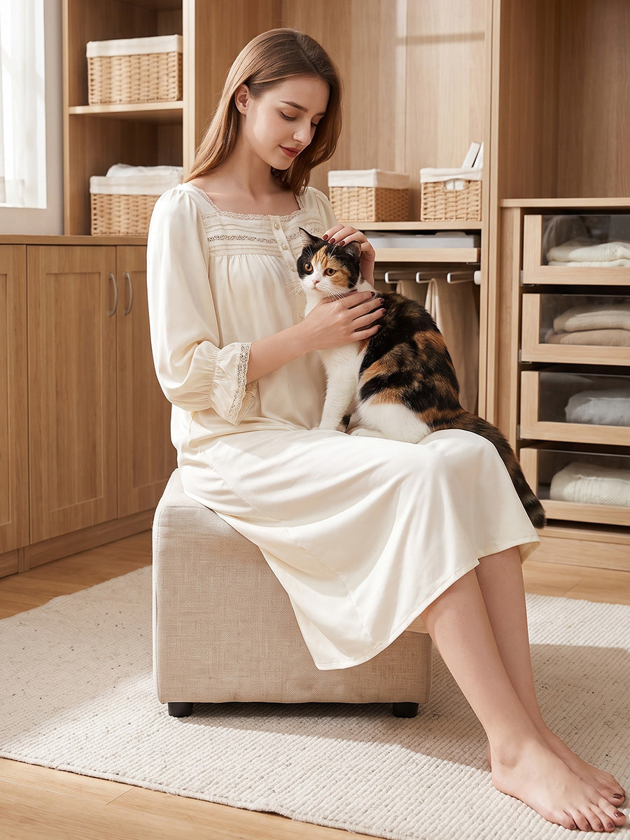 Loose Lace Yoke Mid-Length 100% Mulberry Silk Nightdress