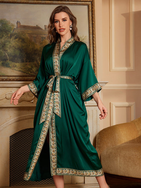Emerald Trim Satin Chiffon Kimono Robe