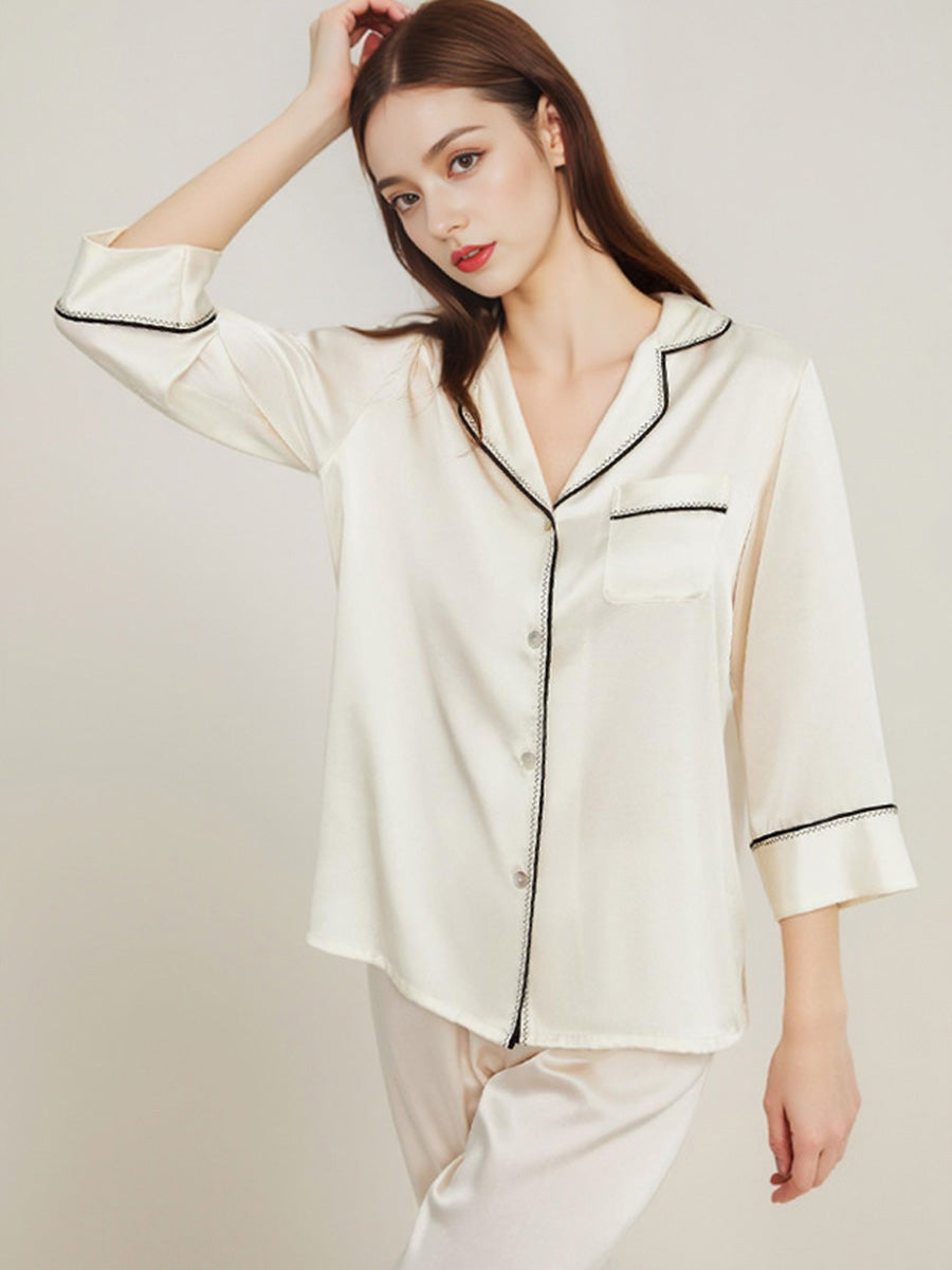 100% Mulberry Silk Contrast Piping 3/4 Sleeve Pajama Set