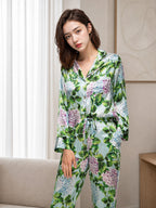Women Floral Print 100% Mulberry Silk Long Sleeve Pajama Set