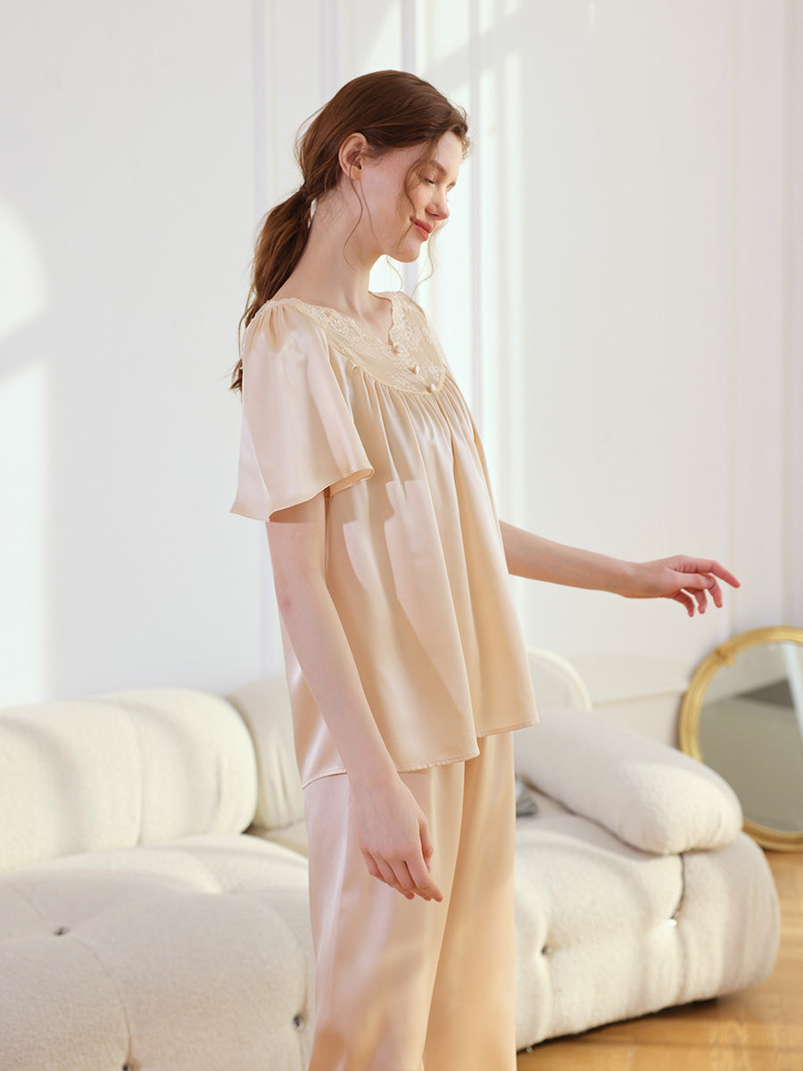 19 Momme Silk Pajama Set with Lace Yoke