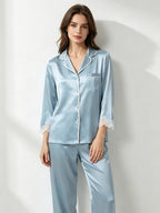 100% Mulberry Silk Lace Trim 3/4 Sleeve Pajama Set