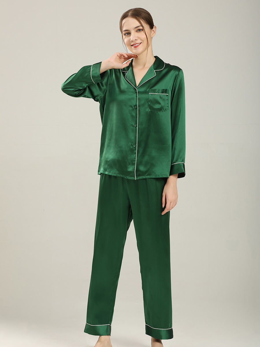 19 Momme Silk Long Sleeve Pajama Set with Contrast Piping