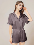 Notched Collar Button Down Top & Shorts Silk Sleepwear Set