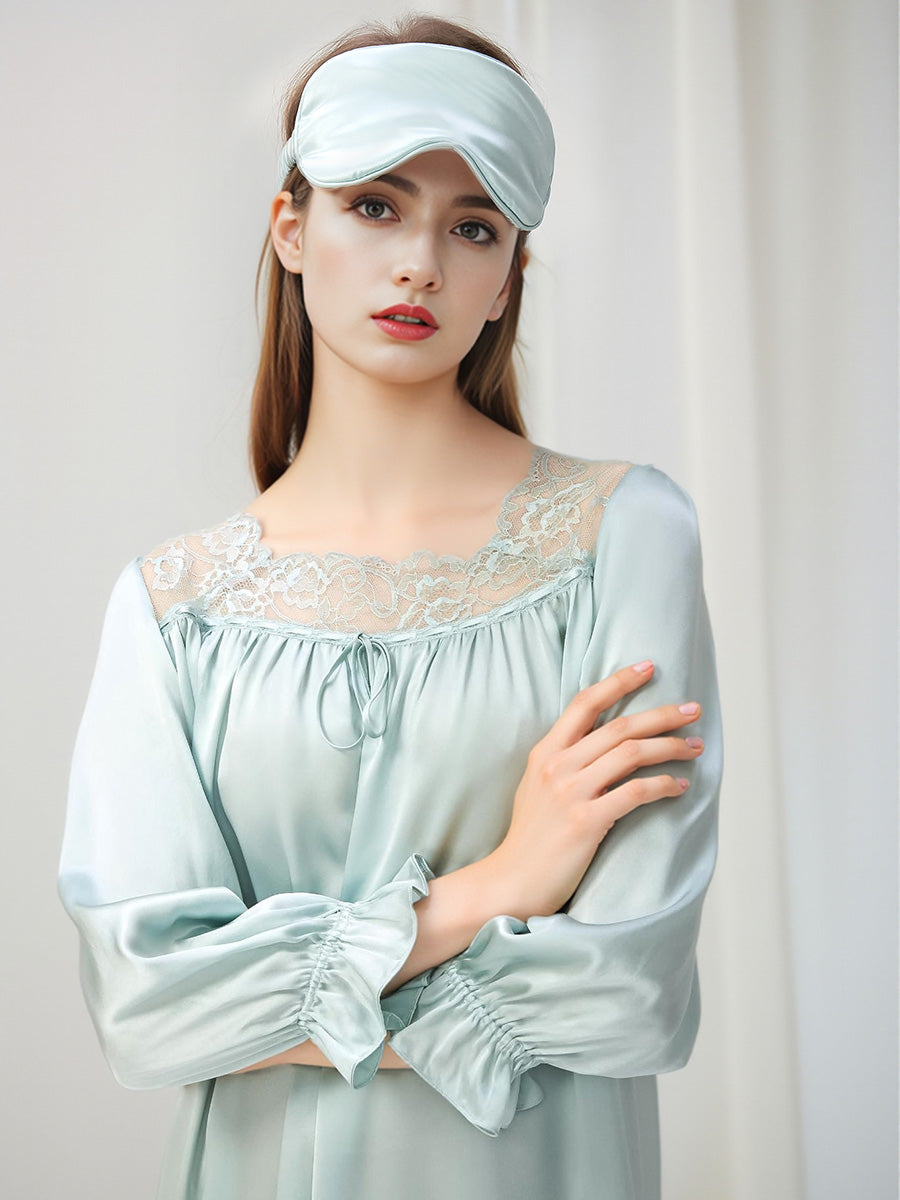 Ruffle Cuff 3/4 Sleeve 100% Pure Silk Elegant Sleep Dress
